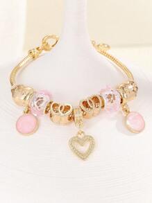 1 pieza Pulsera de latón con colgante en forma de corazón rosado y cuentas de resina brillante - Joyería elegante y artesanal para mujeres - Diseño delicado y calado, longitud de cadena ajustable, un regalo perfecto para ella