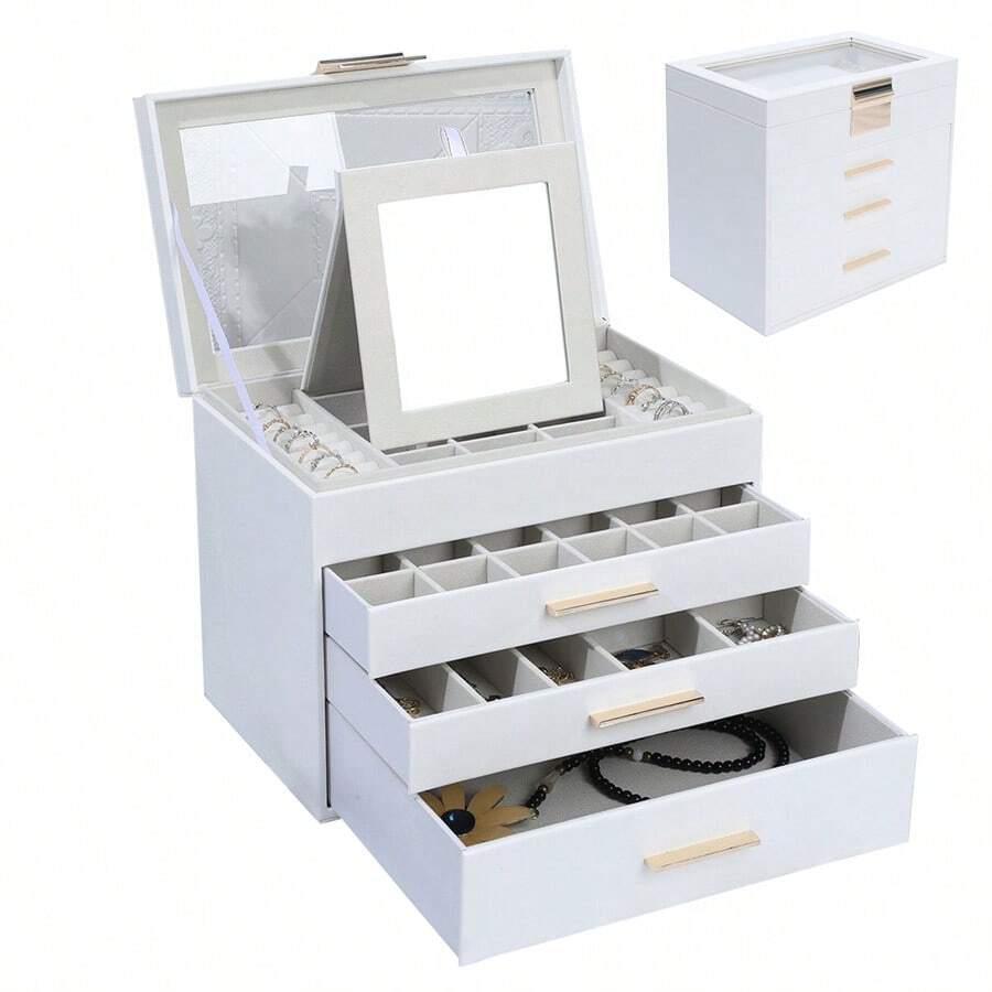 4-Tier Jewelry Storage Box With Transparent Lid & 3 Drawers, Faux Leather Jewelry Organizer Box With Fashion Gold-Tone Handles, Gift Box For Women's Watches, Necklaces, Rings, Bracelets, Holiday Gift
