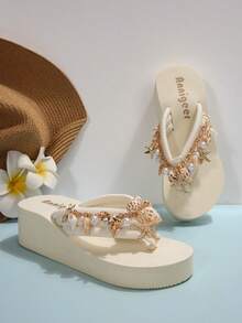 Women EVA Platform Wedge Slip-On Sandals, Bohemian Style Shell Chain Decor Beach Holiday Flip Flops, Spring/Summer,Travel Essential - Beige - View 6