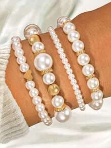 4pcs Set Heart Shaped Beaded Bracelets For Women, Bohemian Fashion Bangle Set