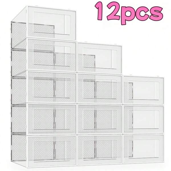 12 Packs Large Shoe Storage Box Closet, Shoe Box Clear Plastic Stackable Shoe Container, Sneaker Container, Toy Storage Tissue Box, Suitable For Entrance, Closet, Under Bed, Black