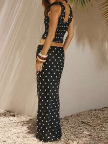 Cute And Sexy Women's Polka Dot Halter Neck Two Pieces Skirt Set High Stretch Bandeau Crop Top And Maxi Skirt For Party Clubwear And Casual Outings