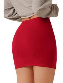 Women's Basic High Waisted Pencil Bodycon Short Skirt - 紅色 - 查看 4
