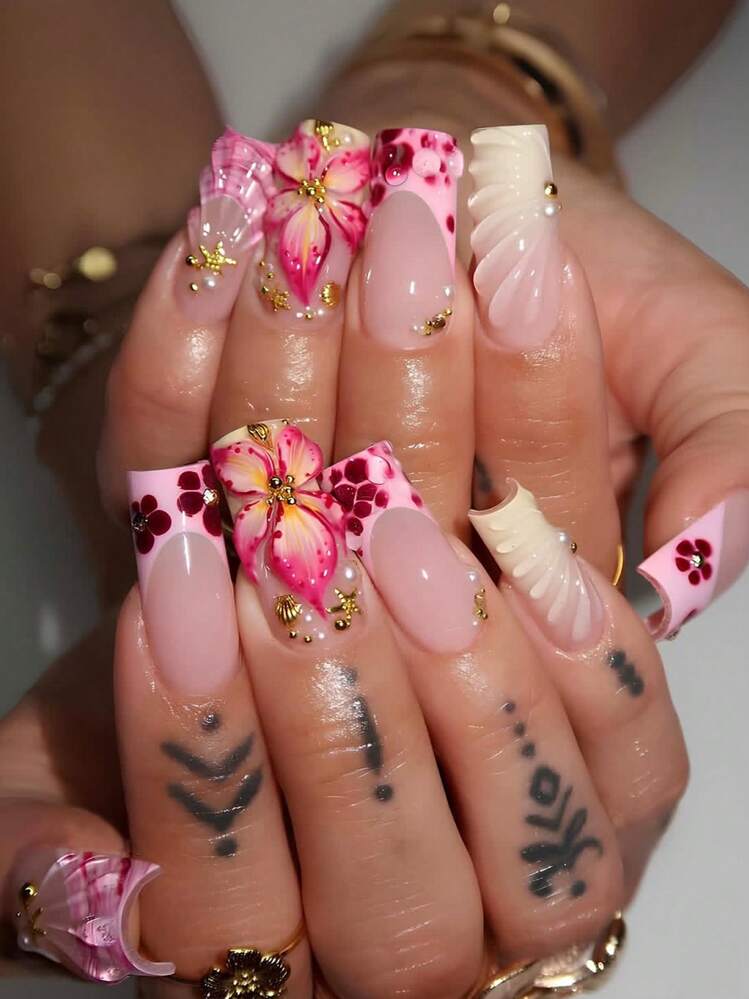 Pure Handmade Nails Vacation Nails 3D Floral Flower Nails 3D Wave Nail Sea Shell Starfish Conch Seahorse Faux Pearls Blossom Medium Square Press On Nails 10Pcs Fake Nails For Women Girls Daily Wear Nail Supplies Nails