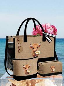 可爱高地牛捧花主题手提包套装，包含一个手提包、一个零钱包和一个方包，采用花朵和高地牛图案的小牛皮设计，大容量手提包、单肩包、亚麻购物袋、沙滩包；化妆包、指甲油收纳袋、可爱款式充电器收纳，适合度假、工作、通勤、上学、返校、商务旅行、生日礼物、教师节礼物、返校礼物。 - 彩色 - 查看 1