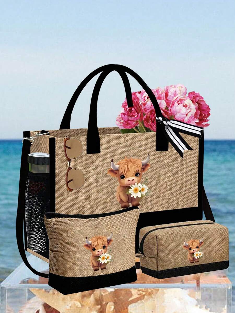 可爱高地牛捧花主题手提包套装，包含一个手提包、一个零钱包和一个方包，采用花朵和高地牛图案的小牛皮设计，大容量手提包、单肩包、亚麻购物袋、沙滩包；化妆包、指甲油收纳袋、可爱款式充电器收纳，适合度假、工作、通勤、上学、返校、商务旅行、生日礼物、教师节礼物、返校礼物。 - 彩色 - 查看 1