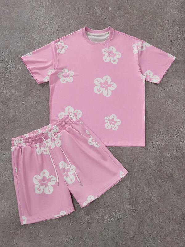 2pcs/Set Men's Floral Print Short Sleeve T-Shirt And Shorts Set