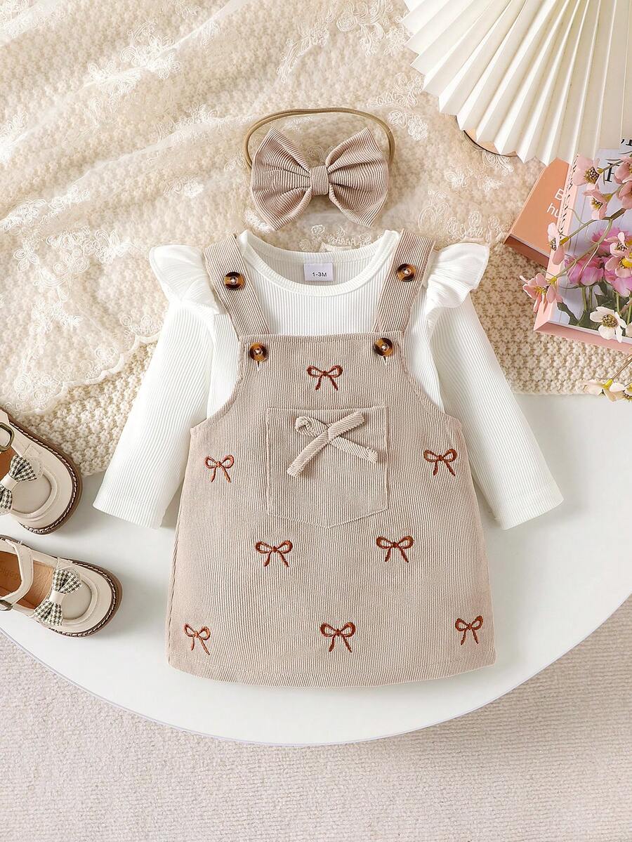 2pcs Baby Girl Comfortable Long Sleeve Bodysuit & Embroidered Pinafore Dress With Headband Set, Lightweight Spring/Autumn - Beige - View 1