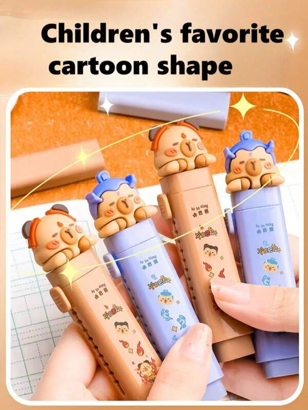 4pcs Capybara Themed Retractable Erasers | Cartoon Multicolor Design, Push-Pull Structure | High Quality Pencil & Pen Erasers | No Residue, Easy To Store | Suitable For School & Office Use, Essential Stationery | Illustrated Cover | No Residue Eraser