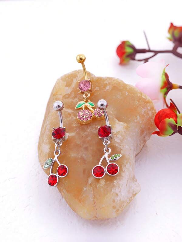 1pc Stainless Steel & Rhombus Cherry Belly Button Ring, Fashionable Body Jewelry For Women Casual Wear Or Party, Women Daily Decoration