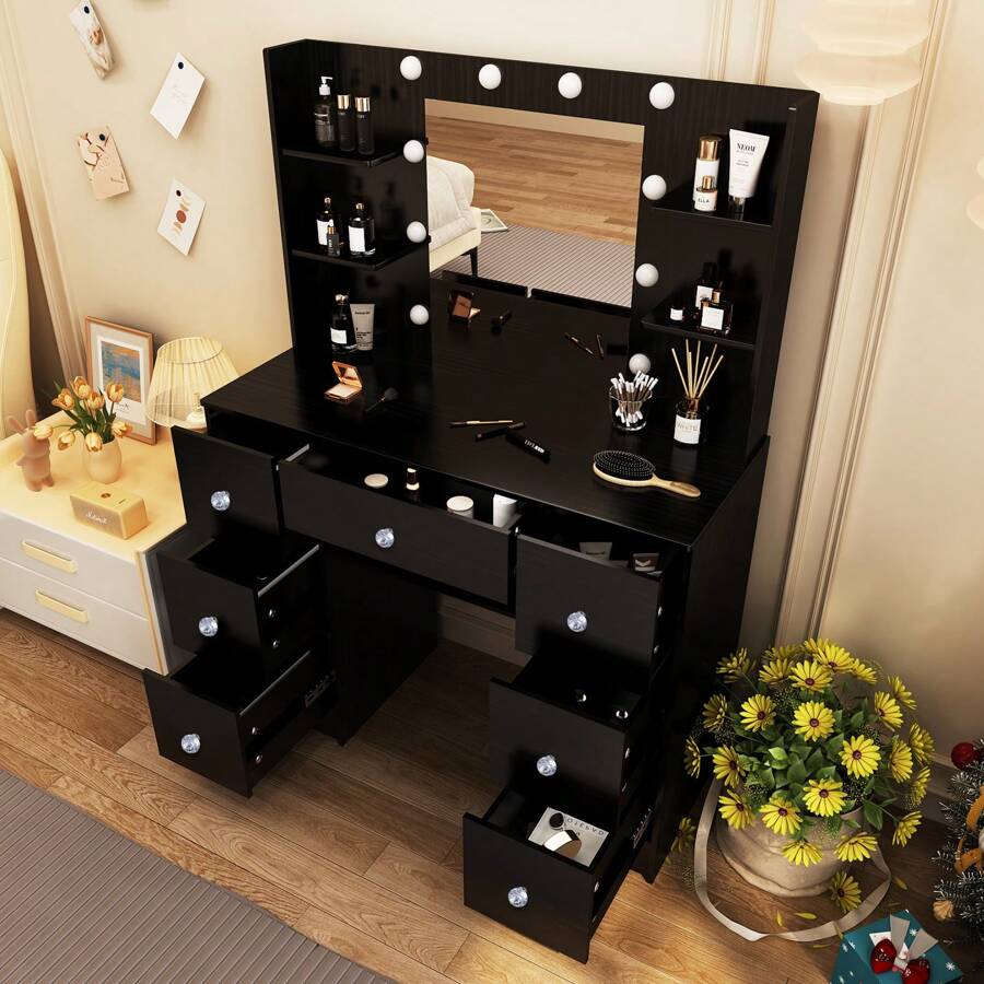 100cm Makeup Vanity Table With LED Mirror Drawers & Crystal Pull, Open Shelves Dressing Desk, Black Vanity Desk With Lighted Mirror / Led Bulbs For Bedroom