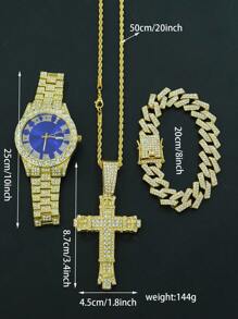 1 Set Confezione regalo uomo con ciondolo a croce 3D con catena intrecciata, bracciale con diamanti e orologio, regalo di moda di alta qualità personalizzato per amici