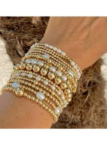 3/4/5/6/7/15pcs Set Of Stacked Gold Bracelets For Women And Girls, Mixed Bead Shaped Pearl Bracelet With Gold Plated Elastic Bead Ball Bracelet Set, Daily Surprise Gift Jewelry