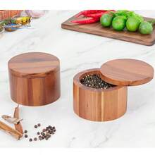 相思木盐瓶碗盒，内置勺子，避免灰尘，优雅的厨房盐容器架，带旋转磁性盖，可储存胡椒香料浴盐海盐，6 盎司 - 卡其色 - 查看 4