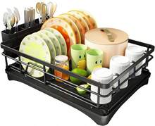 Escurridor De Platos De Acero Inoxidable Para Encimera De Cocina, Escurridor De Platos De Gran Capacidad Con Soporte Para Cubiertos, Organizador De Cocina Para Platos, Cucharas Y Tenedores, Color - Dark Grey - View 7