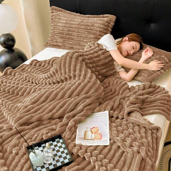 بطانية من الصوف المموج بقطعة واحدة، بدون وسادة أو إدخال، لون أحادي ناعم جداً مريح للأريكة مناسب لجميع المواسم، غسل آلي، مناسب للاستخدام في غرف النوم والفنادق