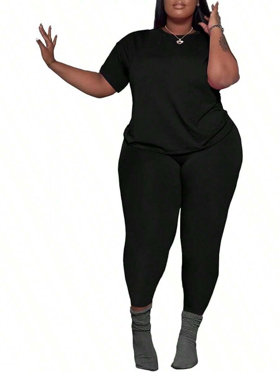 Women's Plus Size 2 Piece Outfits Tracksuits Short Sve Top Pants Sets Sweatsuits - 黑色 - 查看 1
