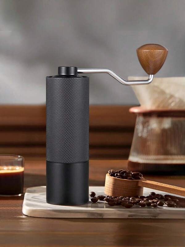 Manual Coffee Grinder Capacity 25 Grams, Stainless Steel Tapered Burrs - Wooden Handle - Adjustable Internal Settings, Dual Bearing Positioning, Black