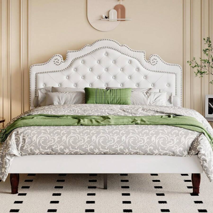 Estructura de cama tamaño completo con cabecero de terciopelo ajustable tipo tiara, cama de plataforma tapizada con botones de diamante acolchados, soportada por listones de madera, sin necesidad de caja de resortes, color blanco - Blanco - Ver 1