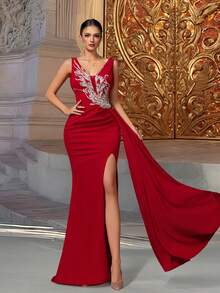 VIPGIRL Elegantes rotes Pailletten-Applikations-Ärmellos-Meerjungfrau-Abendkleid mit hohem Schlitz, körperbetontes Abendkleid, Abschlussball-Kleider für Frauen, Abendgowns, Luxuskleid, Partykleid, Hochzeitsgast - Rot - Übersicht 4