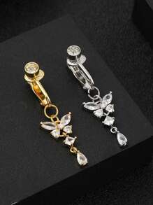 1 Pc Luxurious Alloy Unique Hole-Free And Pierced White Zirconia Water Drop Pendant Golden Butterfly False Navel Ring And Human Piercing Jewelry Are Suitable For Ladies To Wear On A Daily Basis