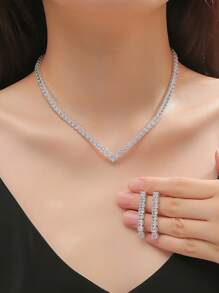 1pc Square Zirconia Pendant Necklace & 1 Pair Rectangular Zirconia Earrings, Two Pieces Set, Fashion Formal Dress Accessories