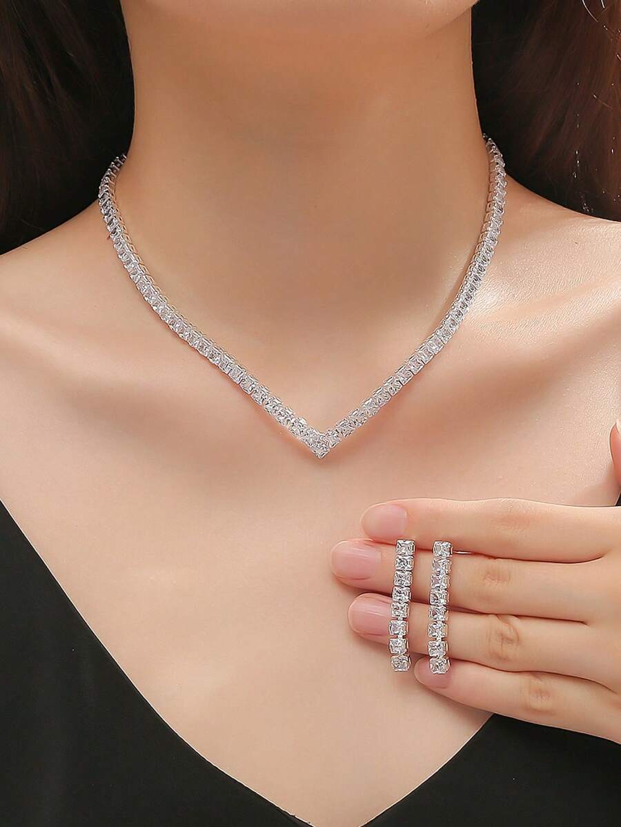 1pc Square Zirconia Pendant Necklace & 1 Pair Rectangular Zirconia Earrings, Two Pieces Set, Fashion Formal Dress Accessories