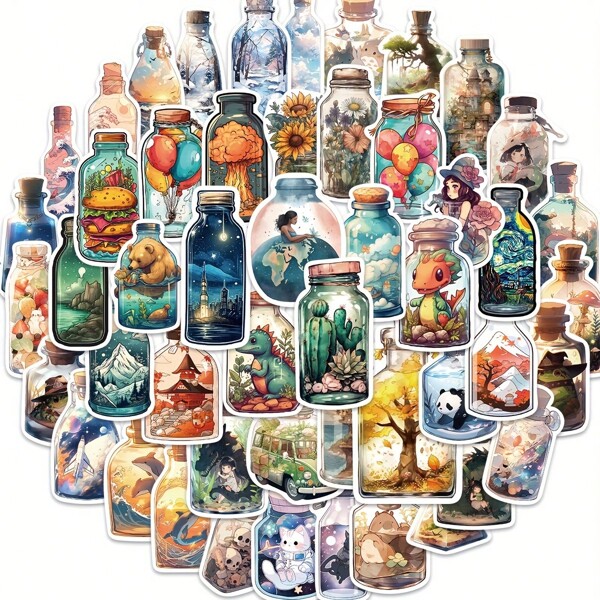 50pcs Cartoon Bottle Graffiti Decorative Stickers For Notebook, Laptop, Water Bottle, Luggage, Helmet, Skateboard, Motorcycle