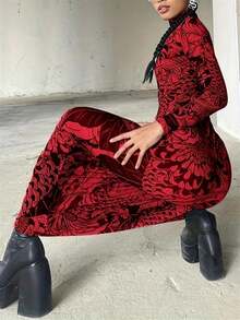 Melton Summer Sexy Colorblock Bodycon Dress High Neck Mesh Long Sleeve Graphic Print Mesh See Through Long Dress - 紅色 - 查看 2