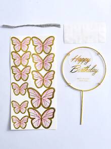 11 piezas Decoraciones para cupcakes y pasteles con mariposas rosas, toppers metálicos dorados "Feliz cumpleaños" para decoración de fiestas de niñas, baby shower - Multicolor - Ver 9