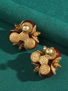 2pcs Vintage Antique Bronze Plated 18K Gold Clover Faux Agate Glass Pearl Green Turquoise Beaded Dangle Earrings
