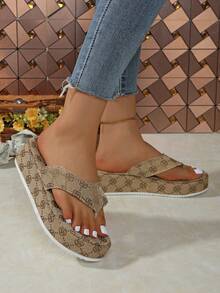 New Women Fashion Printed Minimalist Flat Slip-On Sandals, Round Toe Thick Sole, Suitable For Indoor And Outdoor, Versatile - Brown - View 2