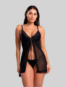 Louise Tulle Nightgown With Front Slit And G-String - Black - View 3