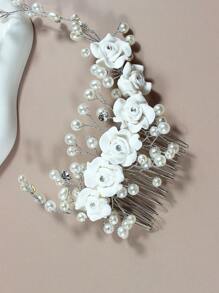 1 pieza Diadema con flor blanca y perlas para mujer/niño, peineta con rosa, accesorio vintage elegante y versátil