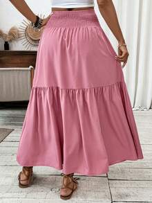 Women's Long Ditsy Floral Skirt, Casual Elastic Waist With Pockets, Ruffle Hem, A-Line Skirt For Summer Pink Spring - Pink - View 7
