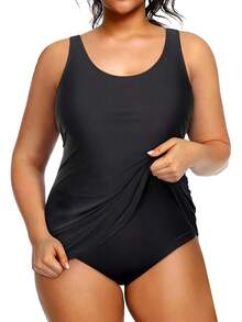 Holipick Plus Size Sarong Swimsuit Women Tummy Control Bathing Suit Ruched Backless Swimwear - 黑色 - 查看 1