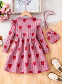 2Pcs Girls Dresses Set, Ribbed Knit Belted Heart Print Long Sleeve Dress + Matching Shoulder Bag, Comfortable & Skin-Friendly Outfit For Girls Everyday Wear, Fashionable & Active, Feminine Style