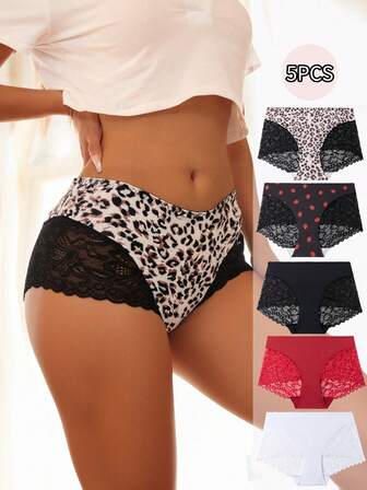 5pcs/Pack Women's Leopard & Strawberry Print Lace Soft Breathable Sexy Elastic Comfortable Ladies Briefs