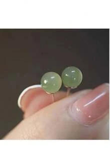 1pc S925 Silver & Jade Stone Vintage Earrings, Petite Delicate 8mm Jade Hoop Earrings For Women, Versatile Minimalist Design