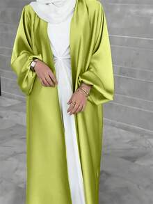 优雅时尚的女士纯色长款开衫，腰间系带，适合春季派对穿着 - 綠色 - 查看 2