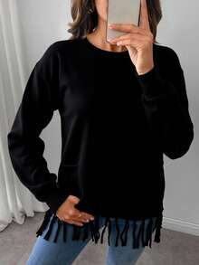 Suéter Tejido Punto Flecos Cuello Redondo Bolsillos Frontales Manga Larga Mujer Casual Elegante Cómodo Versátil Moderno Juvenil Bohemio Estilo Relajado Cómodo Oversized Suave Temporada Otoño Invierno Aesthetic Femenino - Negro - Ver 3