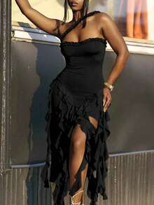 Women Summer Sexy Strapless Midi Ruffles Bodycon Dress Solid Color Stretch Slit Slim Party Cocktail Dresses New Year And Valentine Day Outfits - 黑色 - 查看 1