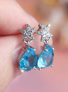 1 paire de boucles d'oreilles pour femmes en zircone cubique blanche plaquée or avec étoile de mer bleue - bijoux de luxe pour les fêtes d'été et le quotidien - accessoire durable et brillant