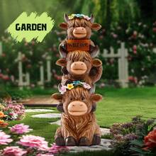 Local Delivery-Garden Highland Cow Statue Solar Outdoor Decor With Flower Decoration Funny Triple Highland Cow Decor Birthday Gifts For Women Mom Highland Cows Figurine For Yard Garden Patio Lawn Ornaments - default - View 6