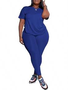 Women's Plus Size 2 Piece Outfits Tracksuits Short Sve Top Pants Sets Sweatsuits - 藍色 - 查看 3