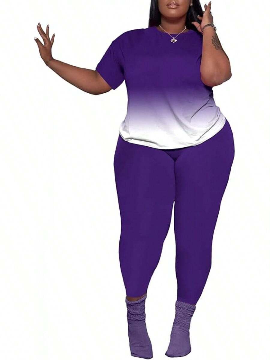 Women's Plus Size 2 Piece Outfits Tracksuits Short Sve Top Pants Sets Sweatsuits - Purple Gradient - 查看 1