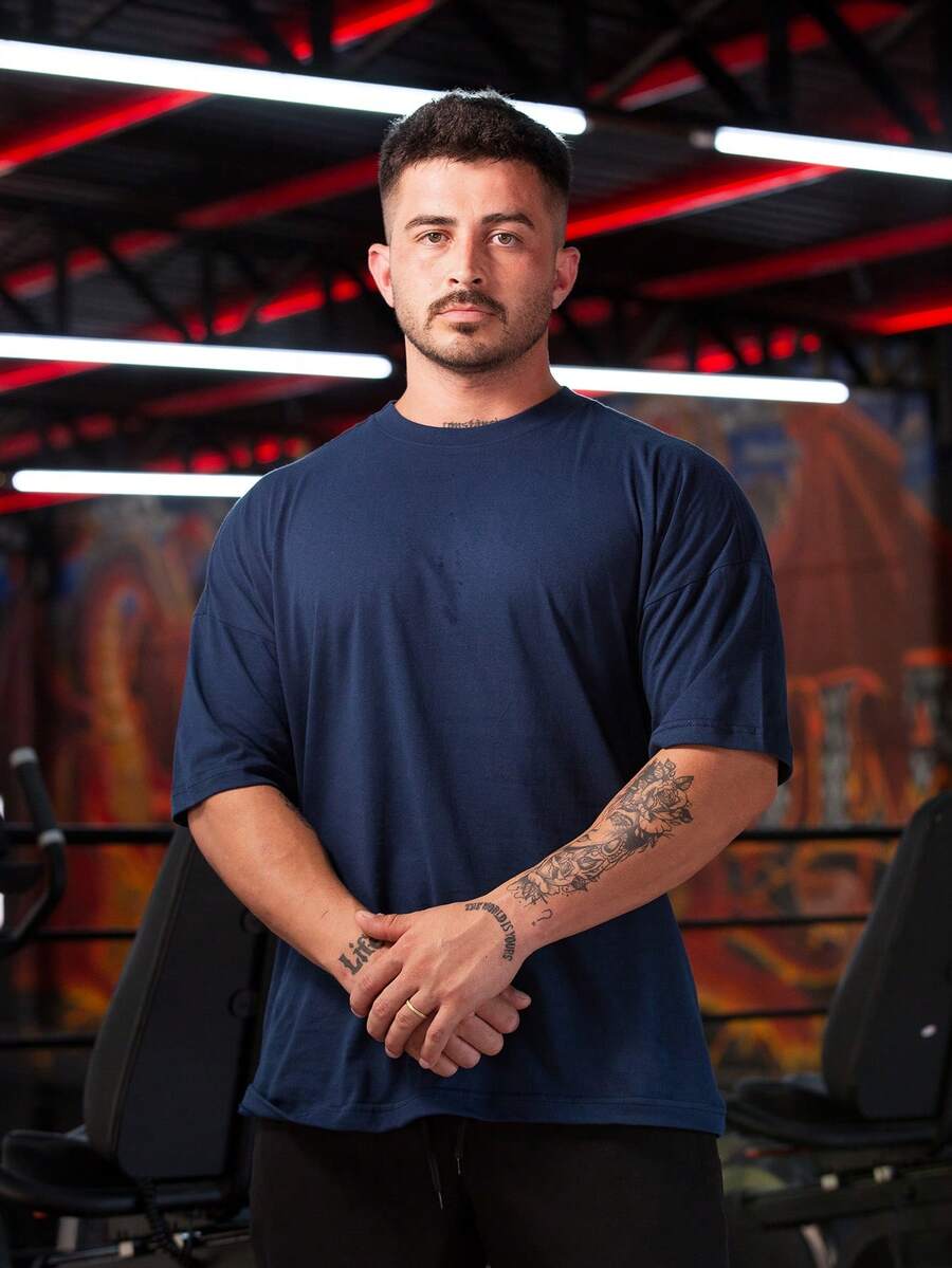Men's Oversized Plain Gym T-Shirt Unbranded Simple Turtleneck Ribbed 30.1 Combed Cotton Lightweight Gym - Navy Blue - View 1