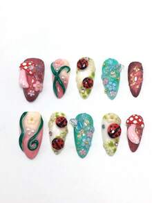 10 件套，2025 年新款 3D 夏季花卉美甲套装，25 毫米杏仁指甲，按压式指甲，美甲用品，海滩必备品，短指甲，夏季短指甲，可爱指甲，美甲，甜美 Y2k 风格，明星风格