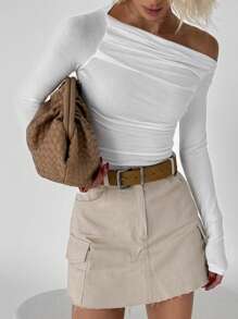 女士秋冬纯色荷叶边修身露肩/斜肩休闲T恤上衣，日常休闲