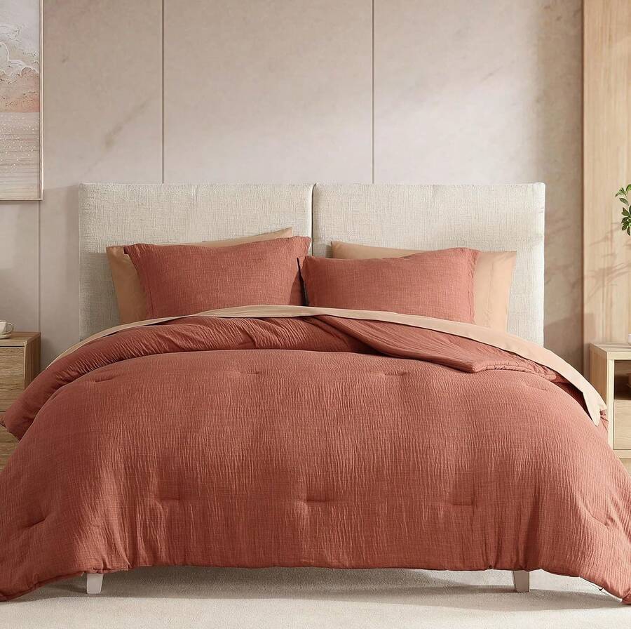 Twin Comforter Set - 5 Pieces Comforter Twin Size, Solid Bedding Sets For All Season, Textured Bed In A Bag With Sheets, Pillowcases And Shams (Terracotta, 66''x86'') - Dark Grey - View 1